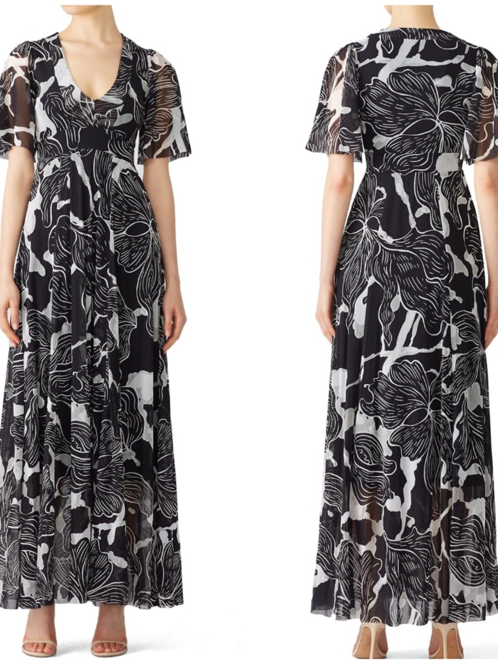 FUZZI Black White Floral Flower Deco Maxi Dress V-Neck Crepe Nylon - Size XS